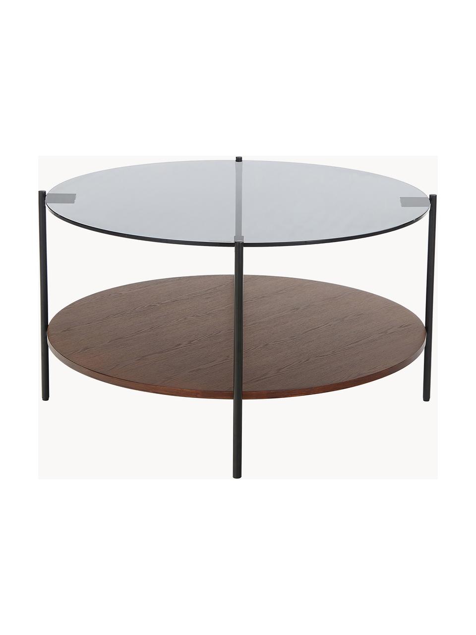 Mesa de centro Valentina, tablero de vidrio, Tablero: vidrio, Estante: tablero de fibras de dens, Estructura: metal con pintura en polv, Madera de fresno, negro, Ø 84 cm