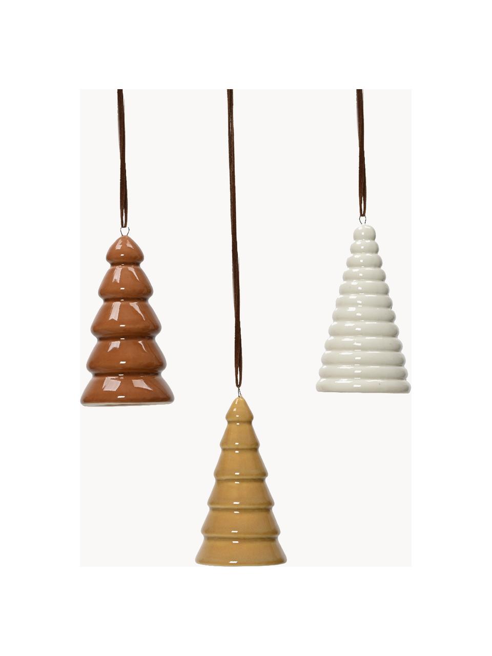 Porseleinen kerstfiguren Classy in de vorm van een dennenboom, set van 3, Porselein, Bruin, wit, Ø 5 x H 9 cm