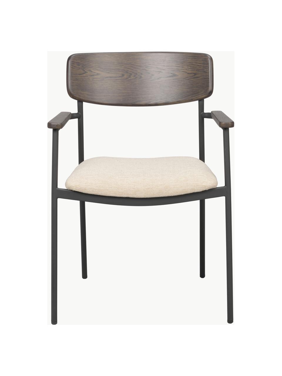 Silla con reposabrazos de madera de roble Maymont, 2 uds., Tapizado: 100% polipropileno Alta r, Estructura: metal con pintura en polv, Tejido beige claro, madera de roble, An 59 x F 53 cm