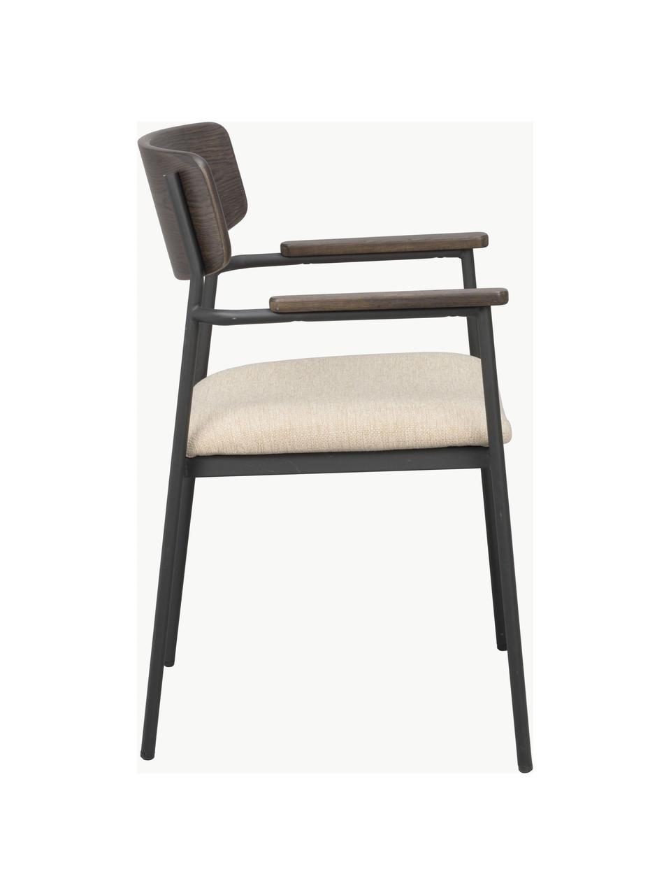 Silla con reposabrazos de madera de roble Maymont, 2 uds., Tapizado: 100% polipropileno Alta r, Estructura: metal con pintura en polv, Tejido beige claro, madera de roble, An 59 x F 53 cm