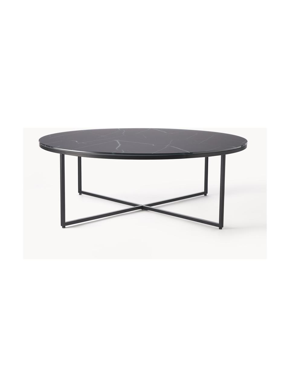 Mesa de centro redonda grande con tablero de vidrio en look mármol Antigua, Tablero: vidrio estampado con aspe, Estructura: acero con pintura en polv, Aspecto mármol negro, negro mate, Ø 100 cm