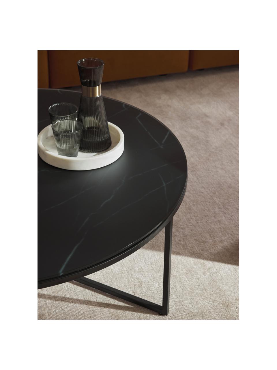 Mesa de centro grande Antigua, tablero de vidrio en aspecto mármol, Tablero: vidrio estampado con aspe, Estructura: acero con pintura en polv, Aspecto mármol negro, Ø 100 cm
