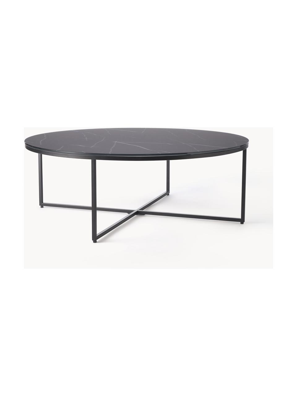 Mesa de centro redonda grande con tablero de vidrio en look mármol Antigua, Tablero: vidrio estampado con aspe, Estructura: acero con pintura en polv, Aspecto mármol negro, negro mate, Ø 100 cm