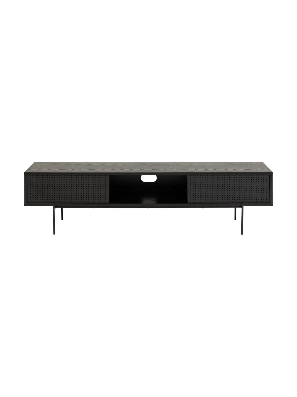 Tv-meubel Angus in zwart, Frame: MDF, melamine bekleed, Poten: gepoedercoat metaal, Zwart, B 180 cm x H 44 cm