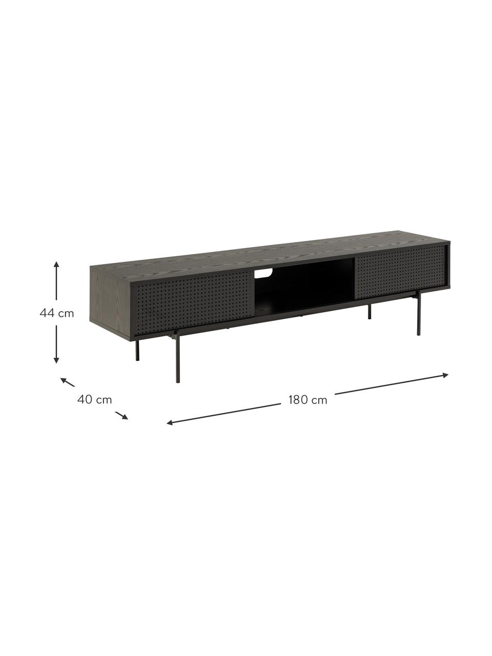 Tv-meubel Angus, Frame: MDF, melamine bekleed, Poten: gepoedercoat metaal, Hout, zwart gelakt, B 180 cm x H 44 cm