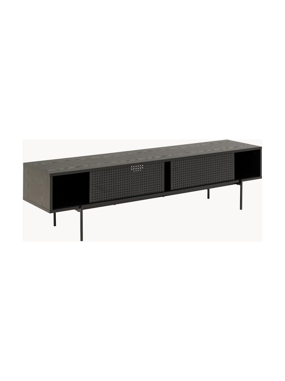 Tv-meubel Angus, Frame: MDF, melamine bekleed, Poten: gepoedercoat metaal, Hout, zwart gelakt, B 180 cm x H 44 cm