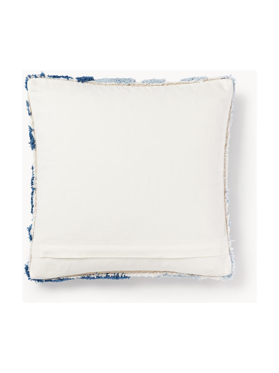 Housse de coussin 45x45 motif végétal tufté Sela, 100 % coton, Tons bleus, blanc crème, larg. 45 x long. 45 cm