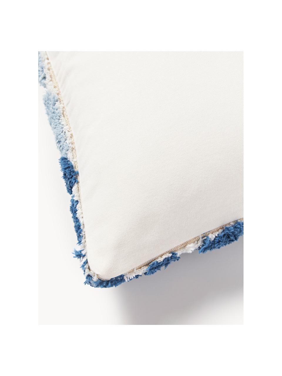 Housse de coussin 45x45 motif végétal tufté Sela, 100 % coton, Tons bleus, blanc crème, larg. 45 x long. 45 cm