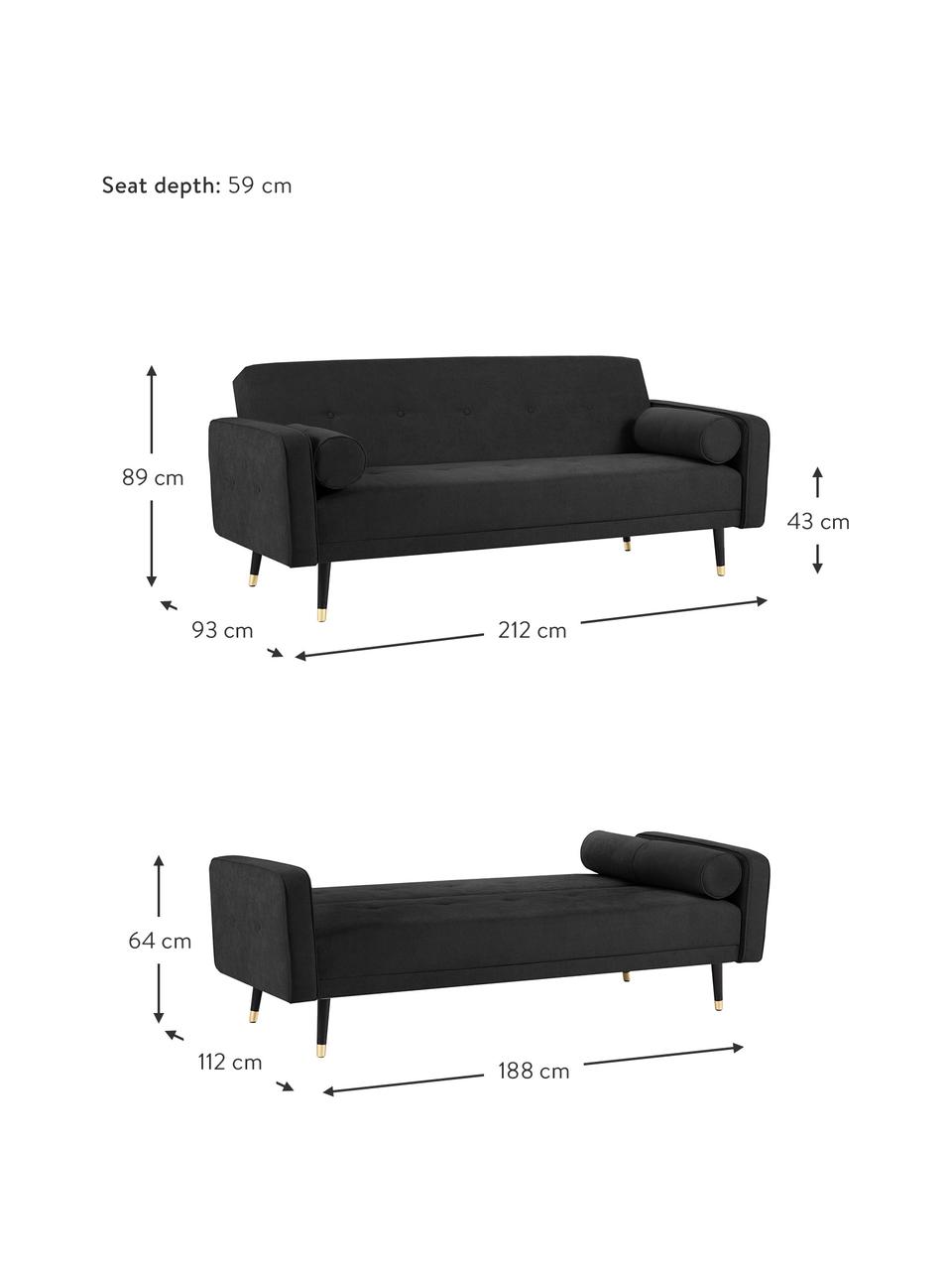 Sofa rozkładana z aksamitu Alessia (3-osobowa), Tapicerka: poliester, Nogi: drewno bukowe, lakierowan, Czarny, S 212 x G 93 cm