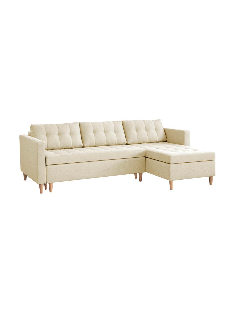 Divano letto angolare in tessuto beige con contenitore Fandy, Rivestimento: poliestere Il rivestiment, Piedini: legno di faggio, Tessuto beige, Larg. 223 x Prof. 69 cm, chaise-longue a destra