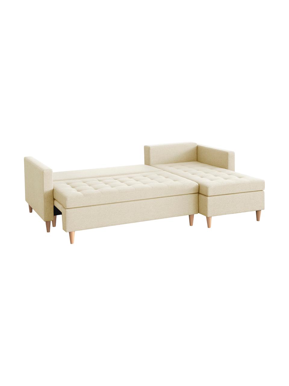 Divano letto angolare in tessuto beige con contenitore Fandy, Rivestimento: poliestere Il rivestiment, Piedini: legno di faggio, Tessuto beige, Larg. 223 x Prof. 69 cm, chaise-longue a destra