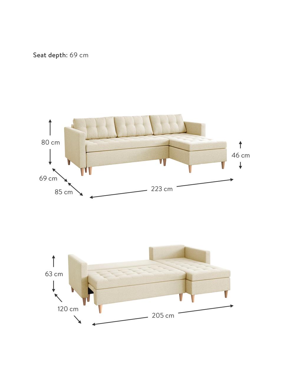 Divano letto angolare in tessuto beige con contenitore Fandy, Rivestimento: poliestere Il rivestiment, Piedini: legno di faggio, Tessuto beige, Larg. 223 x Prof. 69 cm, chaise-longue a destra