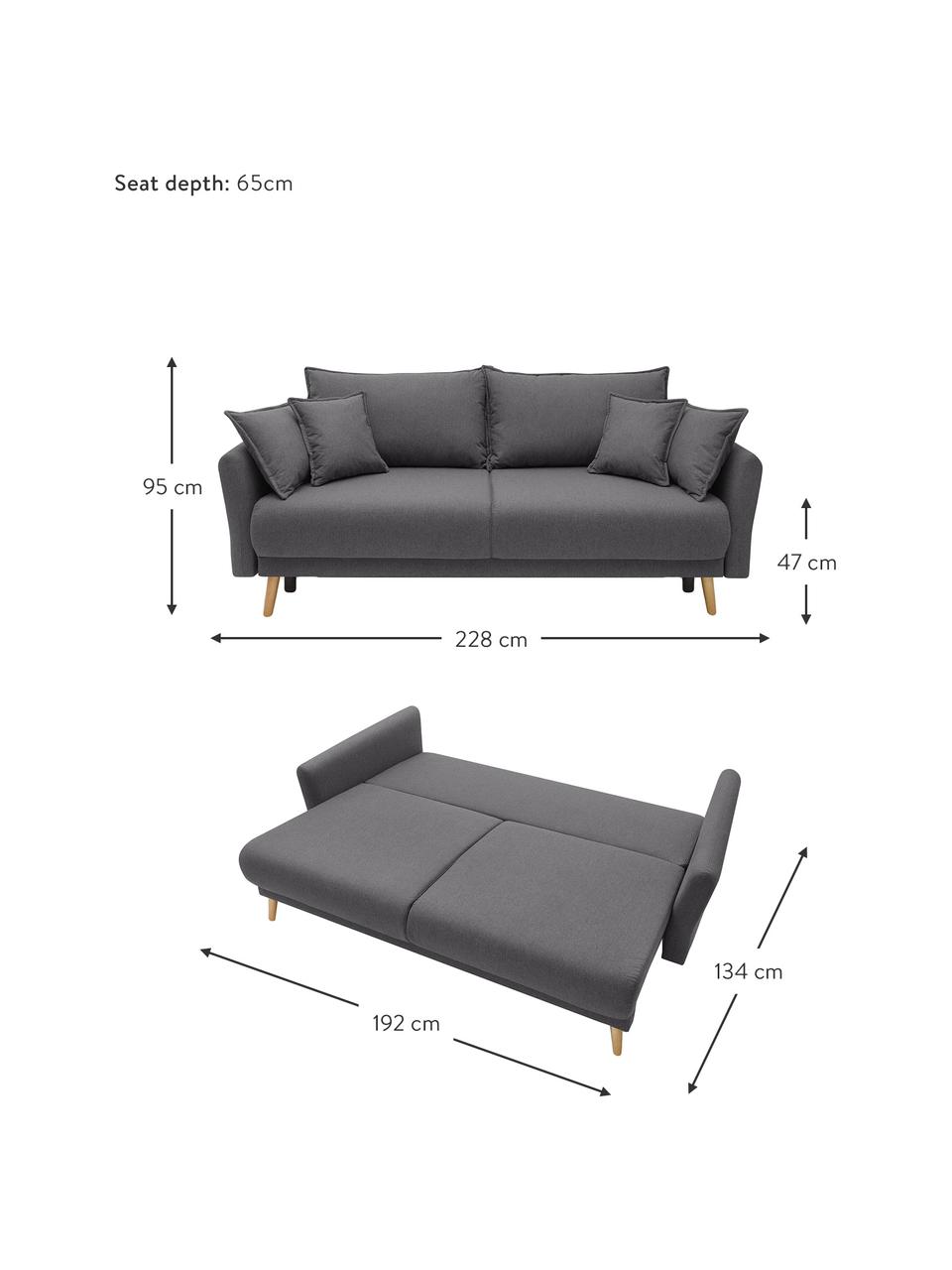 Sofa z funkcja spania i miejscem do przechowywania Mia (3-osobowa), Tapicerka: kaszmir, Nogi: drewno bukowe, Ciemny szary, S 228 x G 102 cm