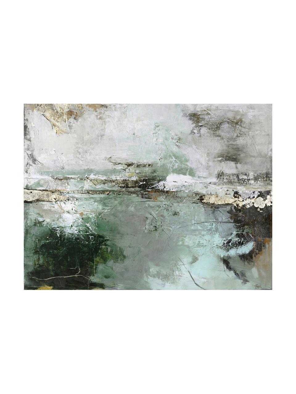 Stampa su tela dipinta Hillside, Immagine: stampa digitale con color, Dorato, verde, bianco, multicolore, Larg. 120 x Alt. 90 cm