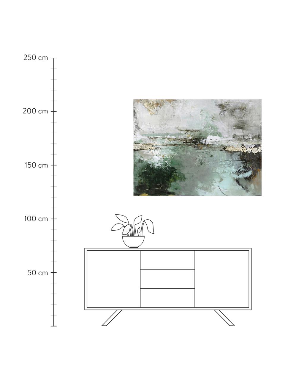 Bemalter Leinwanddruck Hillside, Bild: Digitaldruck mit Ölfarben, Goldfarben, Grün, Weiß, Mehrfarbig, B 120 x H 90 cm