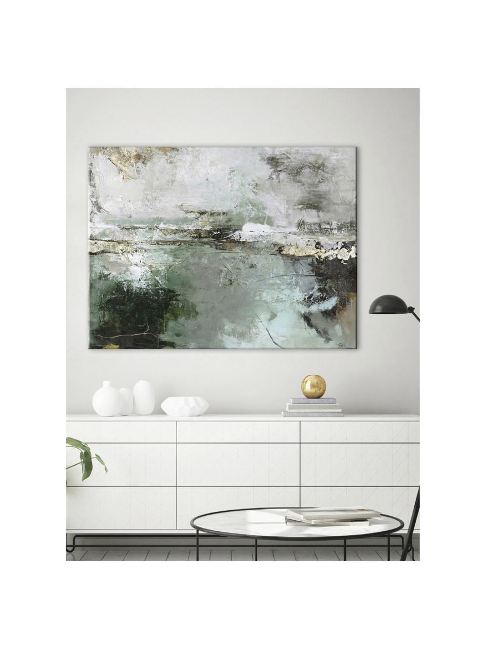 Impression sur toile peinte à la main Hillside, Tons beiges, verts, larg. 120 x haut. 90 cm