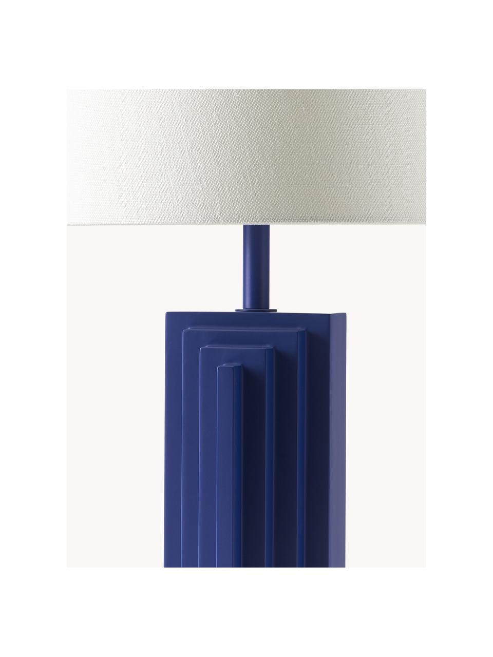 Lampada da tavolo di design Luomo, Paralume: tessuto di lino, Struttura: pannello di fibra di abet, Blu marino, bianco, Larg. 43 x Alt. 61 cm