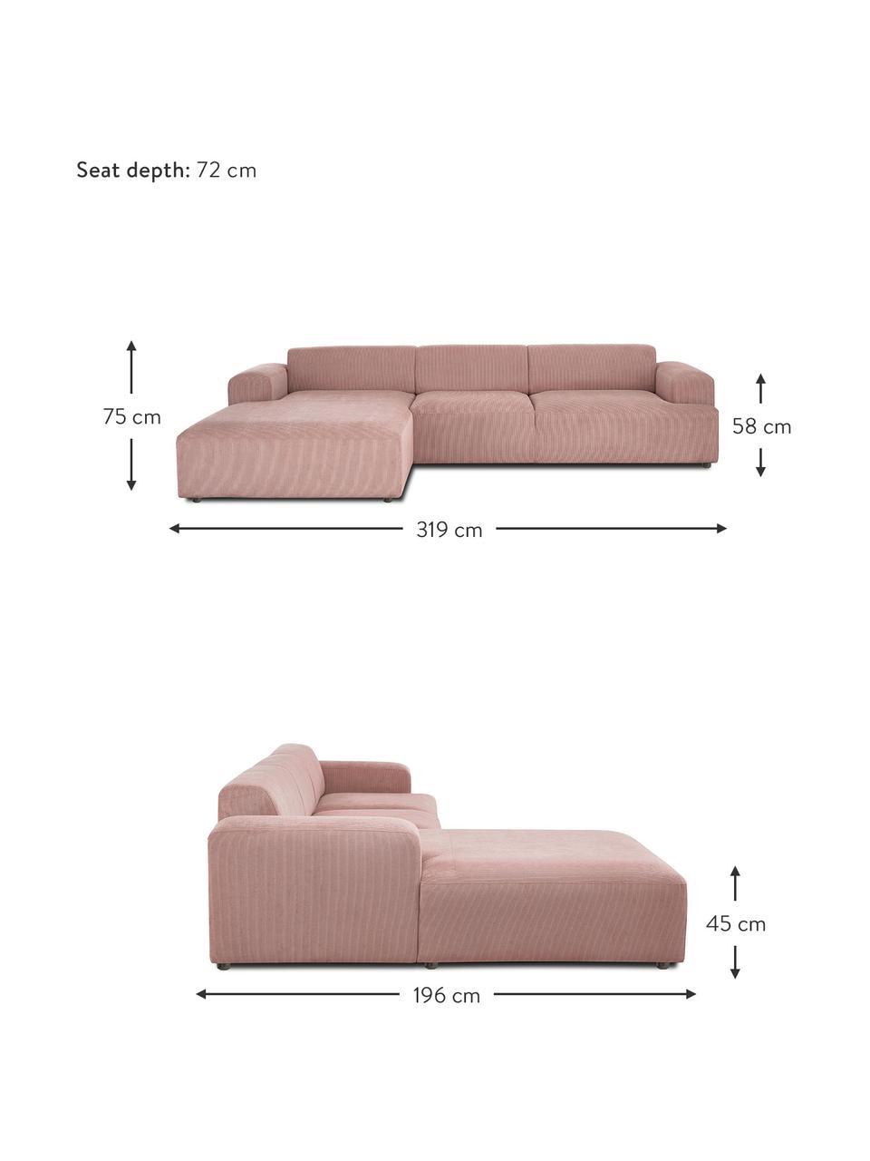 Canapé d'angle 4 places en velours côtelé Melva, Velours côtelé rose, larg. 319 x prof. 196 cm, méridienne à gauche