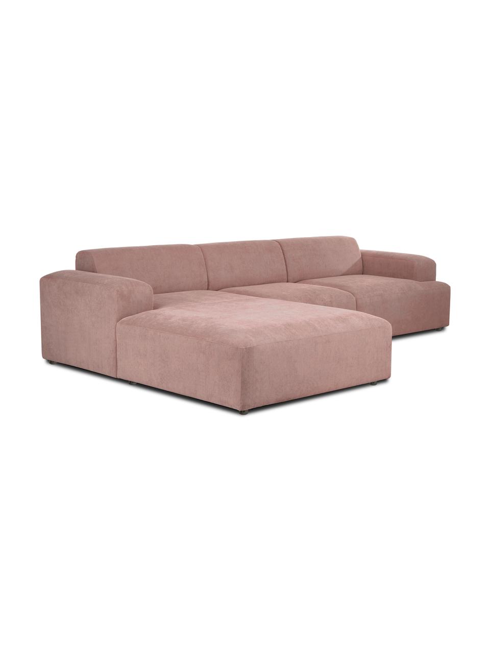Divano angolare a 4 posti in velluto a coste Melva, Rivestimento: velluto a coste (92% poli, Struttura: legno di pino massiccio, , Piedini: plastica, Velluto a coste rosa, Larg. 319 x Prof. 196 cm, chaise-longue a sinistra