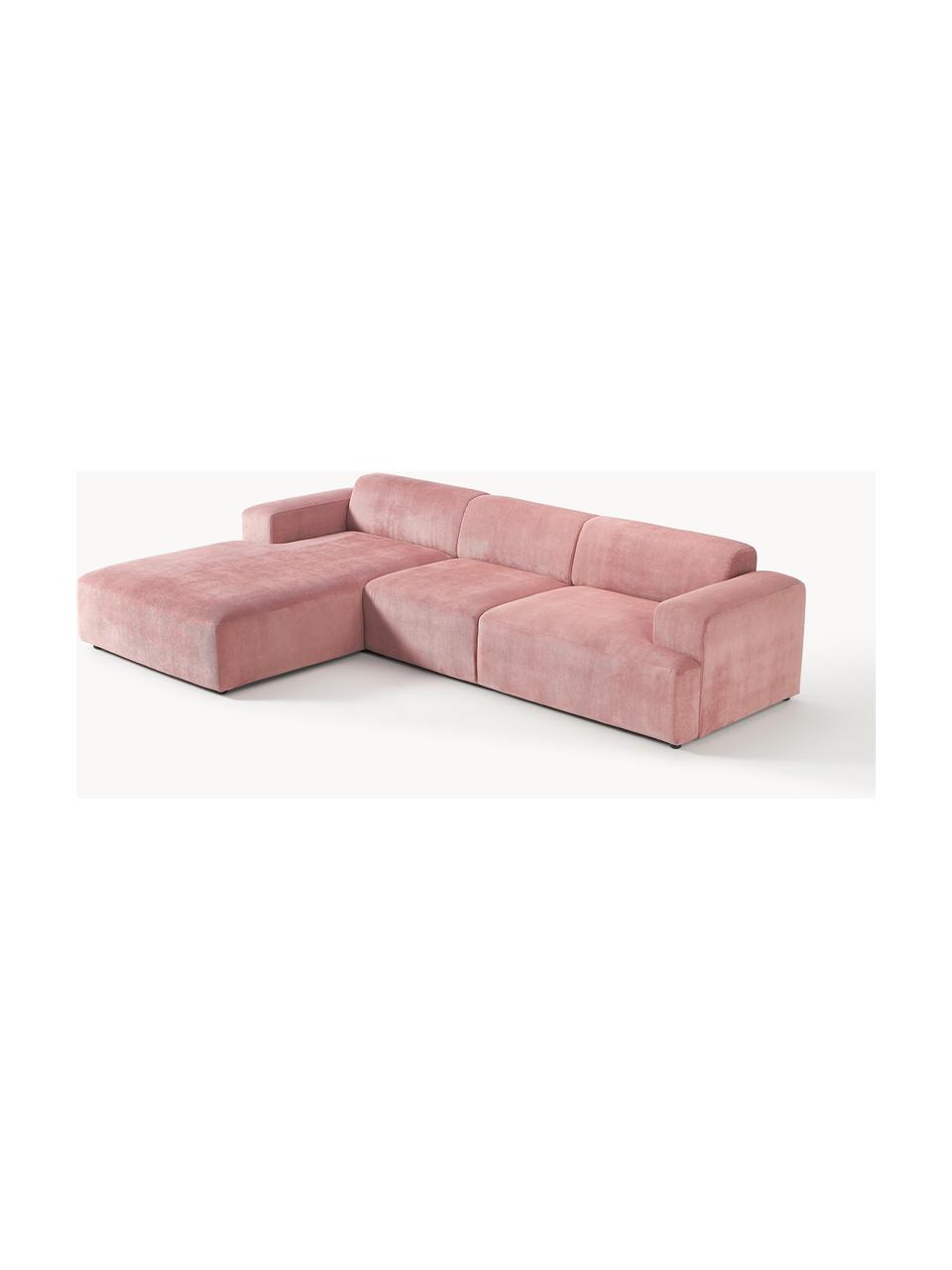 Canapé d'angle 4 places en velours côtelé Melva, Velours côtelé rose, larg. 319 x prof. 195 cm, méridienne à gauche