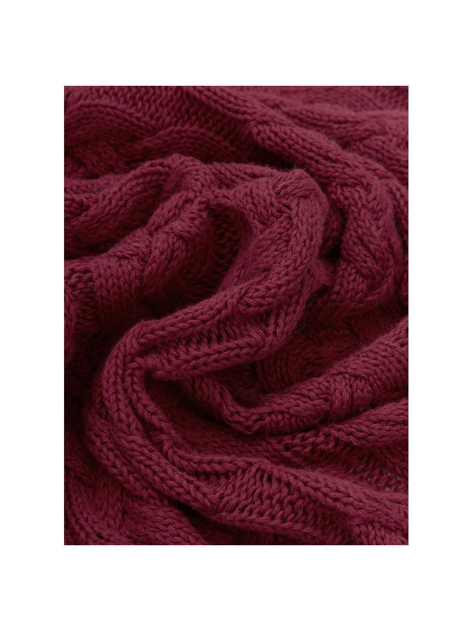 Plaid fatto a maglia con motivo a trecce Caleb, 100% cotone, Rosso scuro, Larg. 130 x Lung. 170 cm
