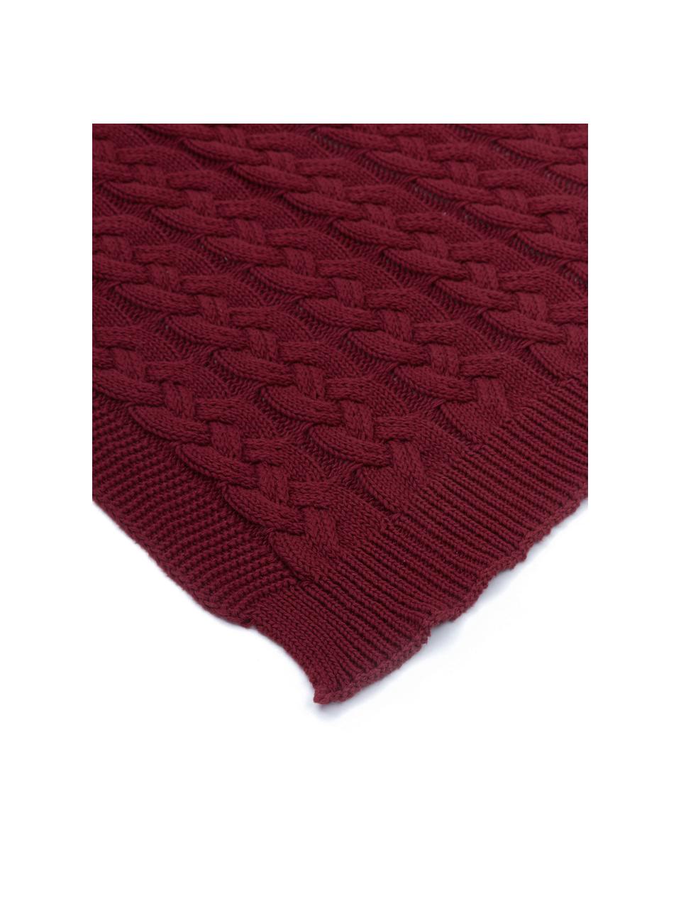Plaid fatto a maglia con motivo a trecce Caleb, 100% cotone, Rosso scuro, Larg. 130 x Lung. 170 cm