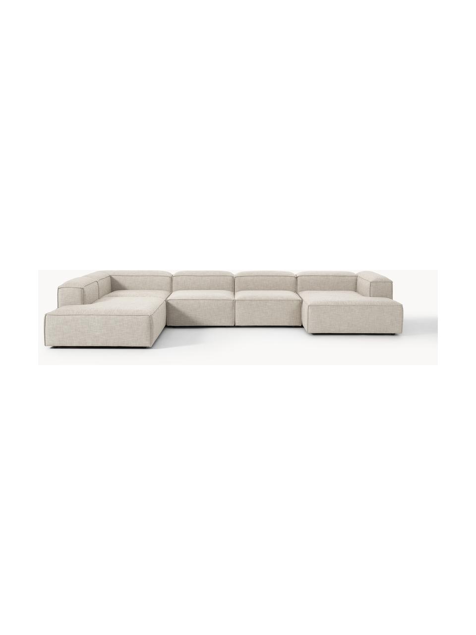 Sofa modułowa z mieszanki lnu Lennon, Tapicerka: 50% wiskoza, 25% len, 15%, Nogi: tworzywo sztuczne Ten pro, Szara mieszanka lnu, S 418 x G 269 cm, prawostronna