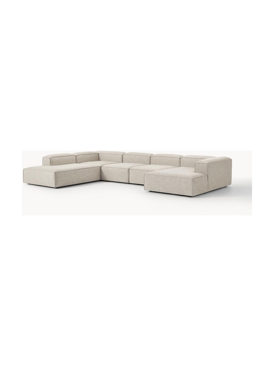 Sofa modułowa z mieszanki lnu Lennon, Tapicerka: 50% wiskoza, 25% len, 15%, Nogi: tworzywo sztuczne Ten pro, Szara mieszanka lnu, S 418 x G 269 cm, prawostronna