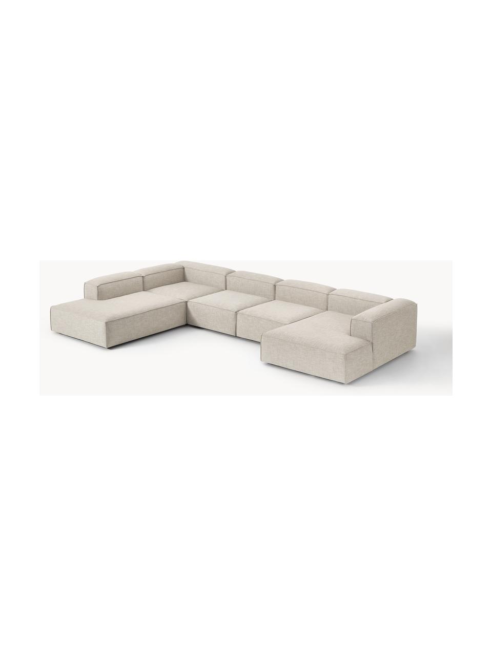 Sofa modułowa z mieszanki lnu Lennon, Tapicerka: 50% wiskoza, 25% len, 15%, Nogi: tworzywo sztuczne Ten pro, Szara mieszanka lnu, S 418 x G 269 cm, prawostronna