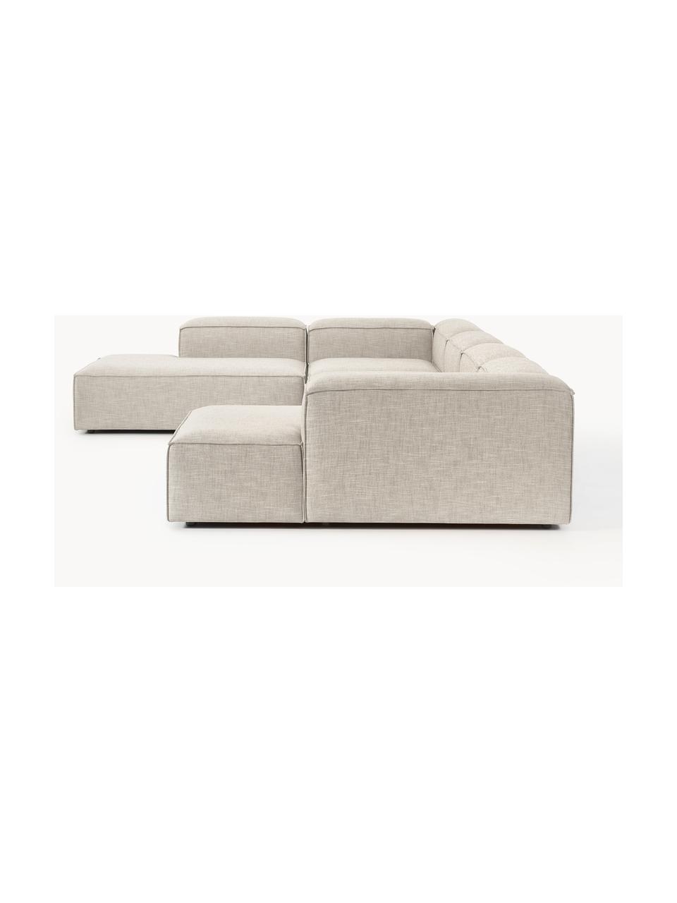 Sofa modułowa z mieszanki lnu Lennon, Tapicerka: 50% wiskoza, 25% len, 15%, Nogi: tworzywo sztuczne Ten pro, Szara mieszanka lnu, S 418 x G 269 cm, prawostronna