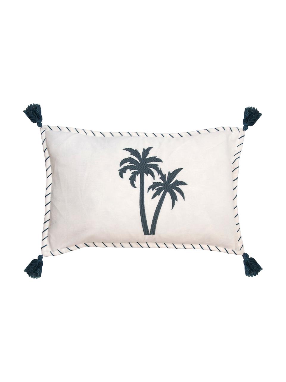 Sametový povlak na polštář se střapci a motivem palmy Bali, Bílá, námořnická modř