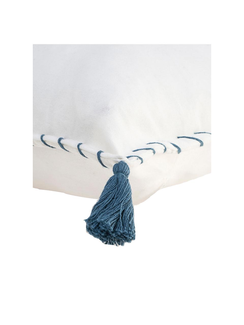 Funda de cojín de terciopelo bordado con borlas Bali, 100% algodón, Blanco, azul marino, An 30 x L 50 cm