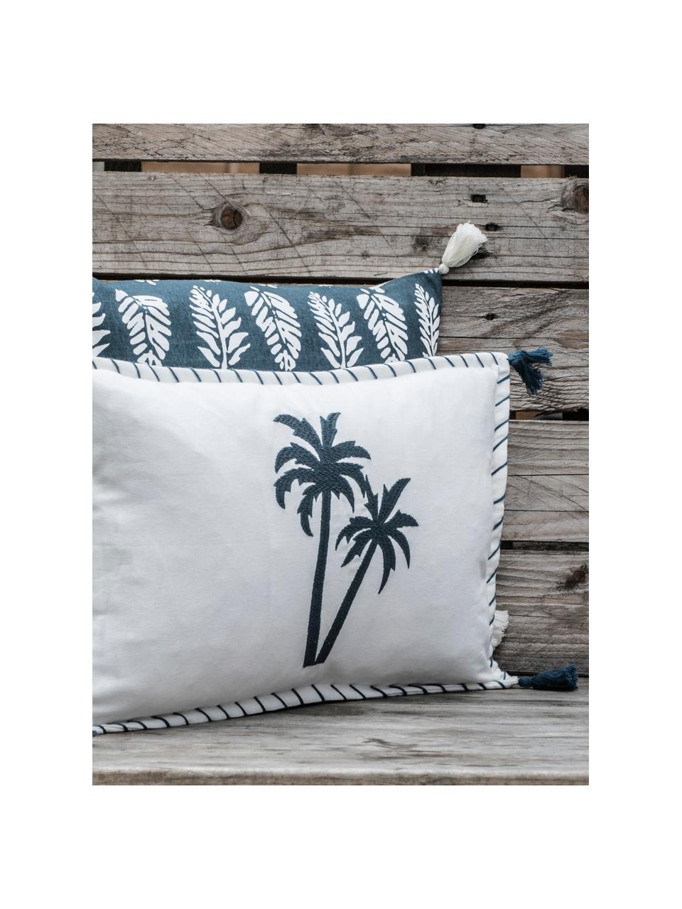 Samt-Kissenhülle Bali mit Palmen-Stickerei und Quasten, 100% Baumwolle, Weiß, Navyblau, 30 x 50 cm