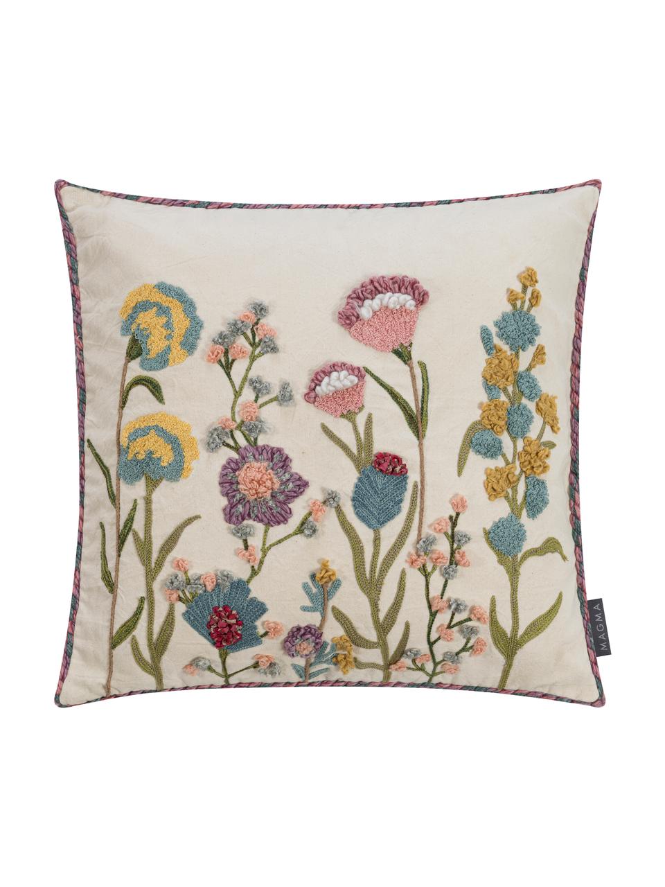 Kussenhoes Lilotte met geborduurde bloemen en bies, Beige, multicolour, B 50 x L 50 cm