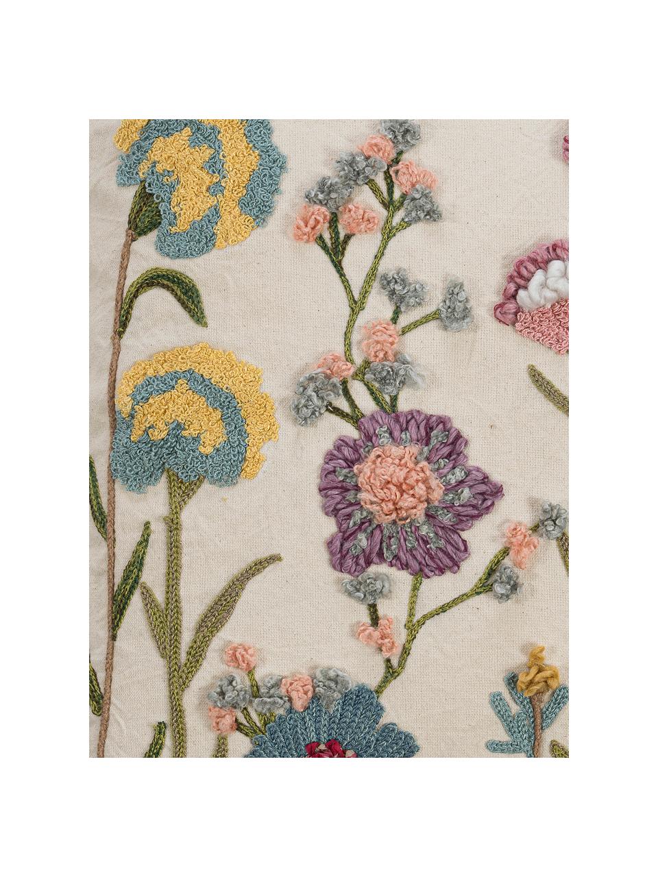 Kussenhoes Lilotte met geborduurde bloemen en bies, Beige, multicolour, B 50 x L 50 cm