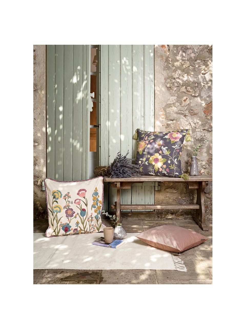 Federa con ricamo floreale Lilotte, Retro: 100% cotone, Beige, multicolore, Larg. 50 x Lung. 50 cm