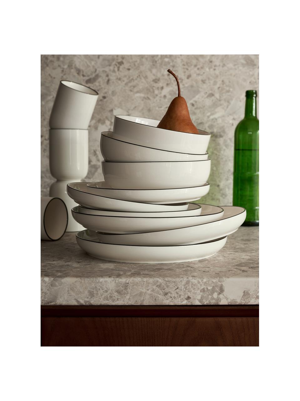 Vajilla de porcelana Facile, 6 comensales (18 pzas.), Porcelana dura de alta calidad (aprox. 50% caolín, 25% cuarzo y 25% feldespato), Blanco Off White con borde negro, 6 comensales (18 pzas.)