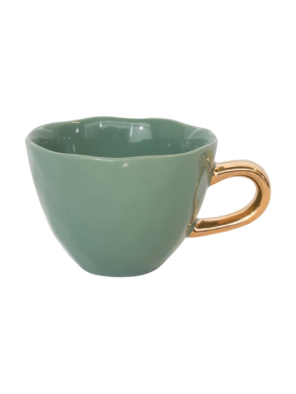 Tasse à thé avec poignée dorée Good Morning, Grès cérame, Vert foncé, couleur dorée, Ø 11 x haut. 8 cm, 350 ml