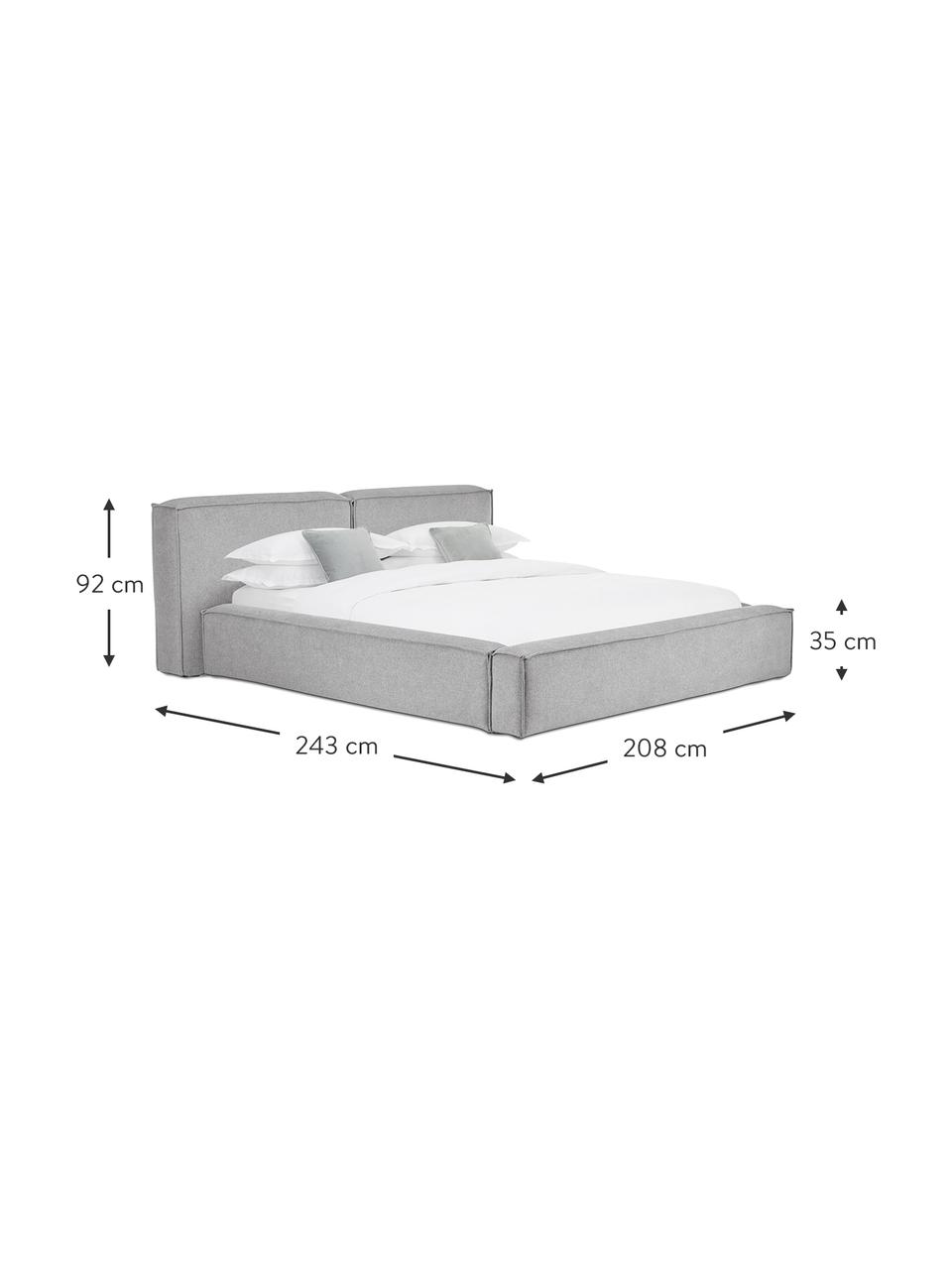 Letto imbottito con contenitore Lennon, Rivestimento: 100% poliestere Il rivest, Struttura: legno di pino massiccio c, Piedini: legno certificato FSC, pl, Tessuto grigio chiaro, Larg. 180 x Lung. 200 cm