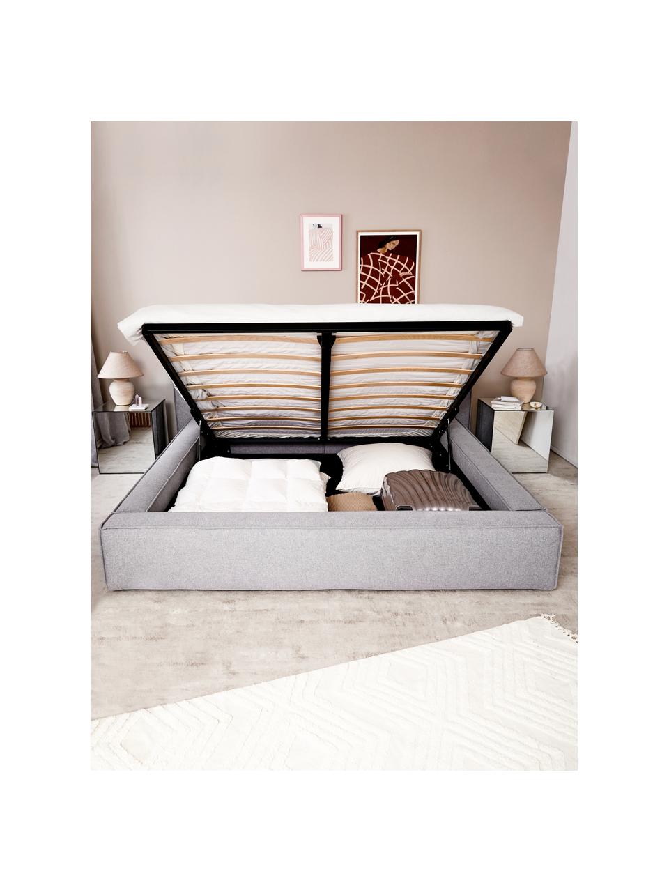 Čalúnená posteľ s úložným priestorom Lennon, Sivá, Celkové rozmery: Š 248 x H 243 cm (spacia plocha Š 180 x D 200 cm)