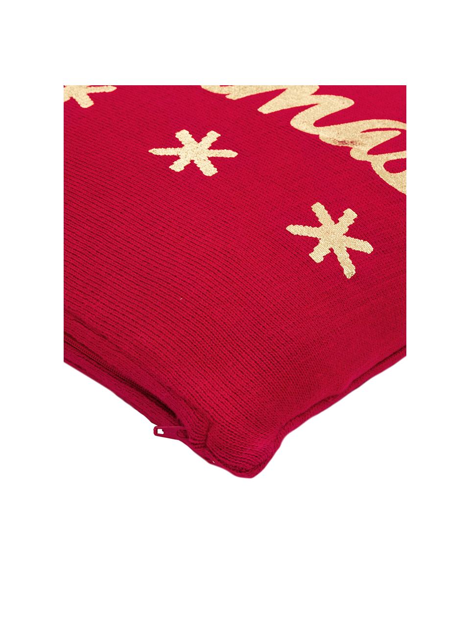 Gebreide kussenhoes Christmas in rood/goudkleur met opschrift, Katoen, Rood, B 40 x L 40 cm