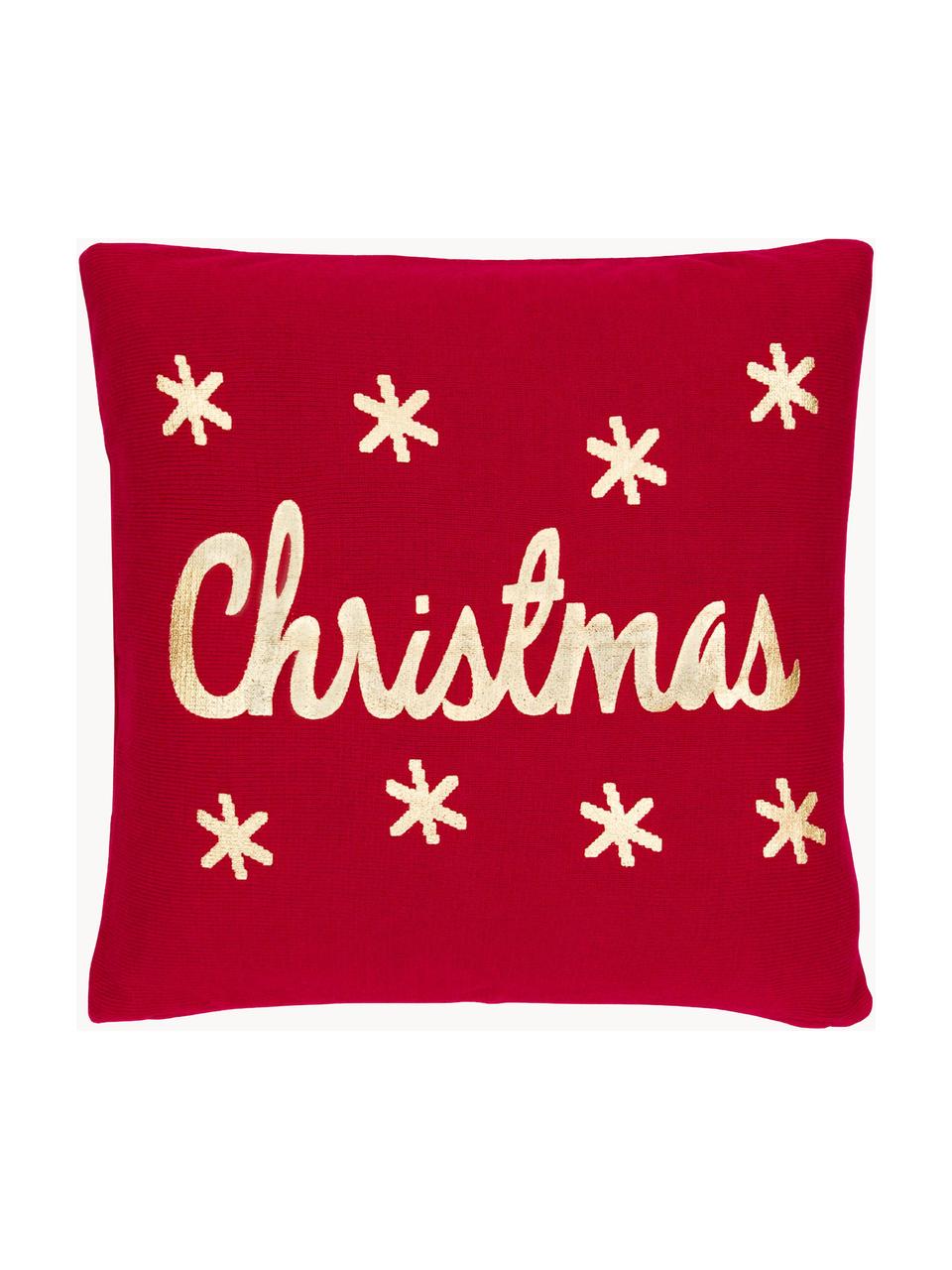 Federa natalizia a maglia con scritta Christmas, 100% cotone, Rosso, dorato, Larg. 40 x Lung. 40 cm