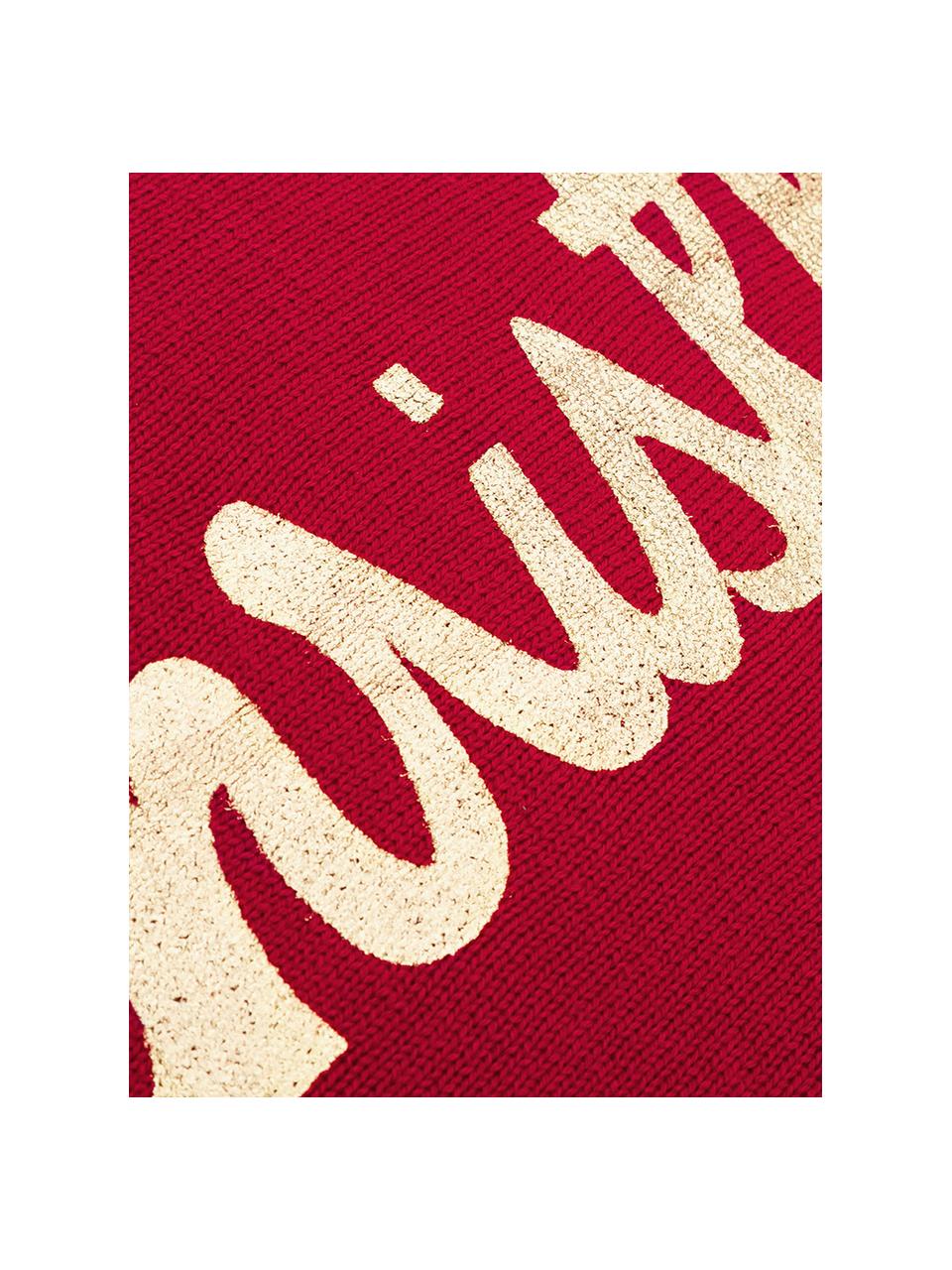 Federa natalizia a maglia con scritta Christmas, 100% cotone, Rosso, dorato, Larg. 40 x Lung. 40 cm