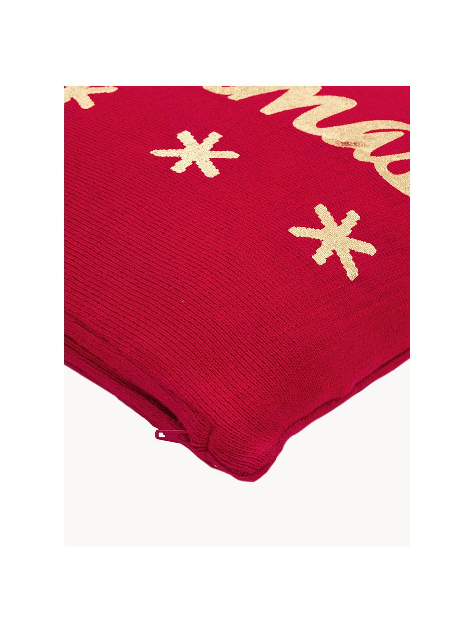 Gebreide kussenhoes Christmas met opschrift, Katoen, Rood, goudkleurig, B 40 x L 40 cm