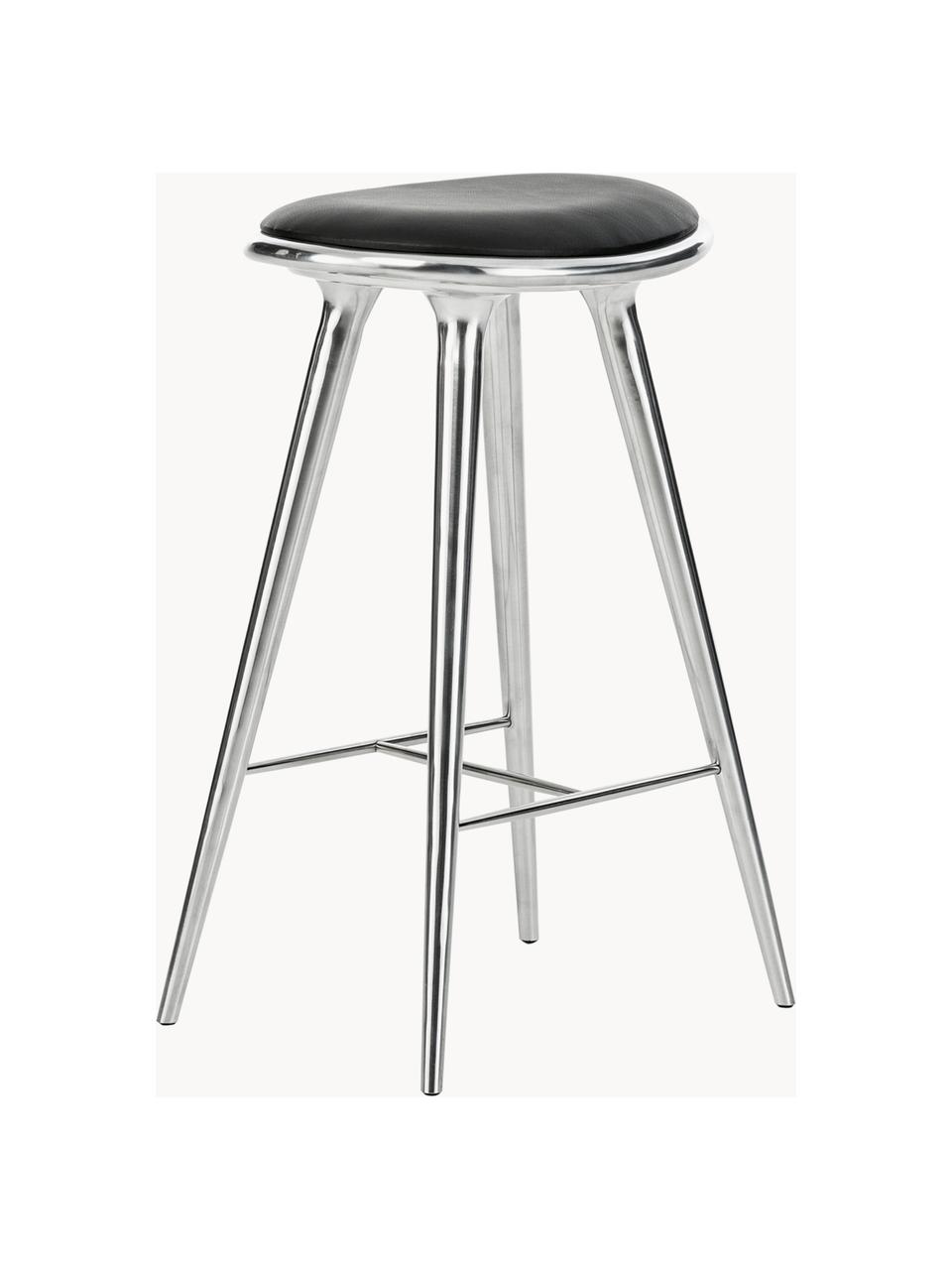 Barhocker High Stool aus Aluminium und Leder, Beine: Aluminium, beschichtet, Sitzfläche: Leder, Silberfarben, Leder Schwarz, B 45 x H 69 cm