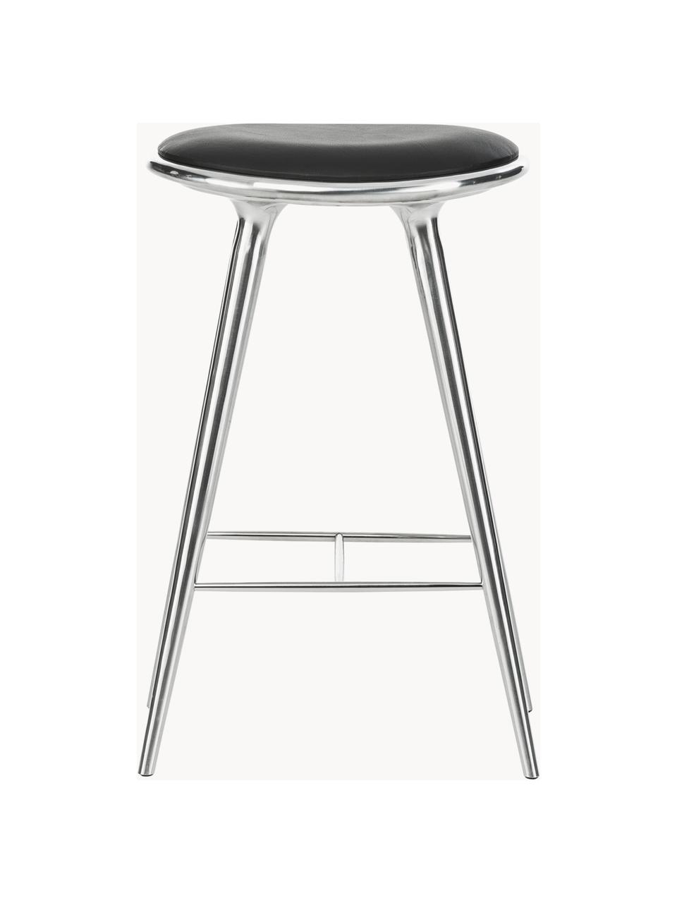 Barkruk High Stool van aluminium en leer, Poten: gecoat aluminium, Zitvlak: leer, Zilverkleurig, leer zwart, B 45 x H 69 cm