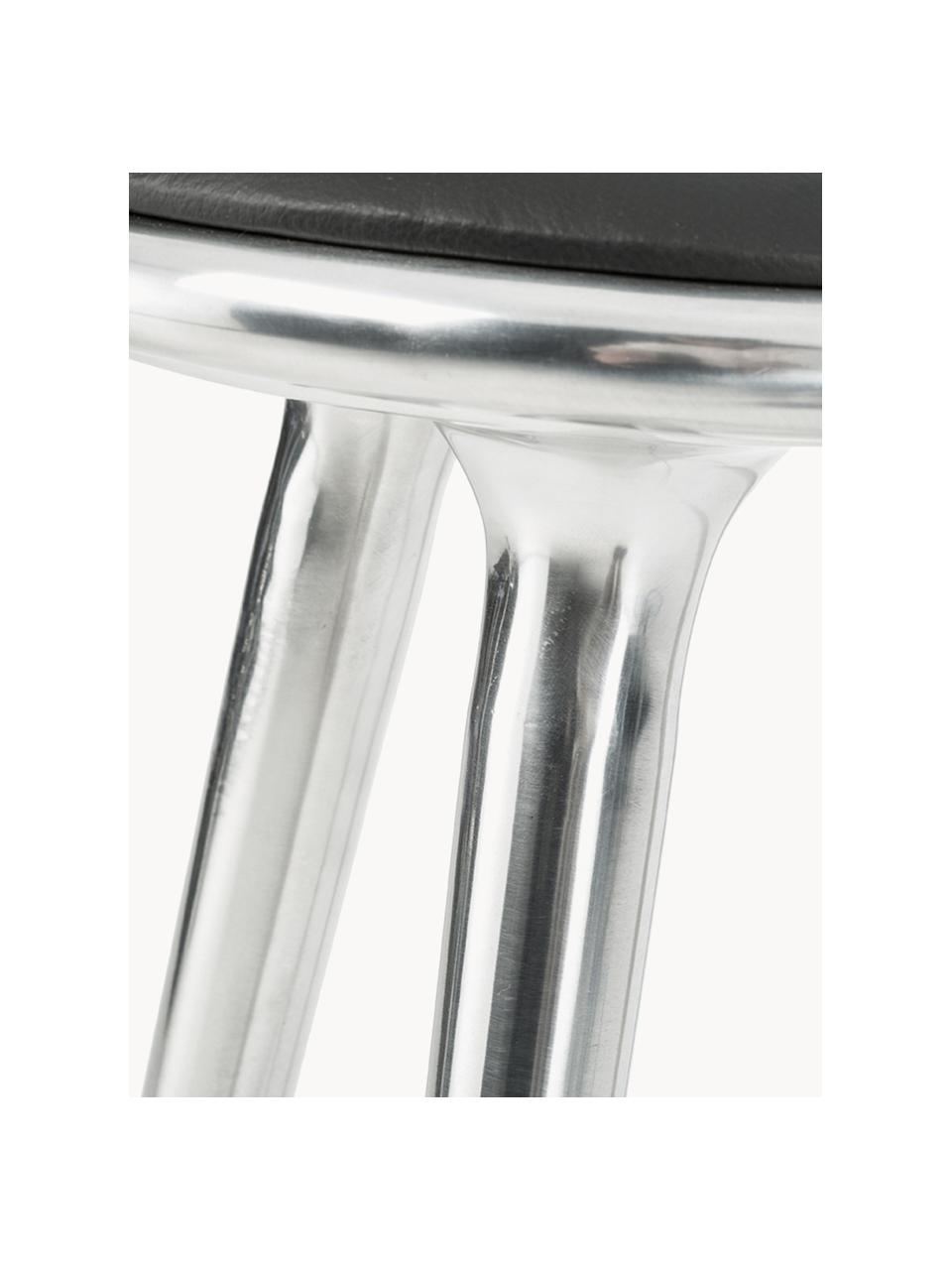 Barhocker High Stool aus Aluminium und Leder, Beine: Aluminium, beschichtet, Sitzfläche: Leder, Silberfarben, Leder Schwarz, B 45 x H 69 cm