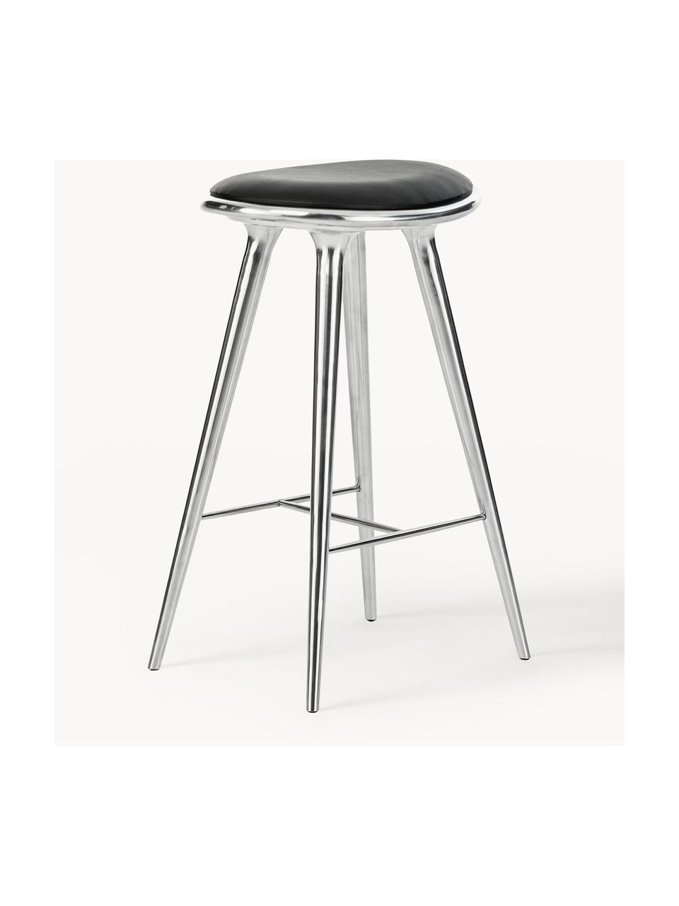 Barkruk High Stool, Poten: gecoat aluminium, Zitvlak: leer, Leer zwart, zilverkleurig, B 45 x H 69 cm