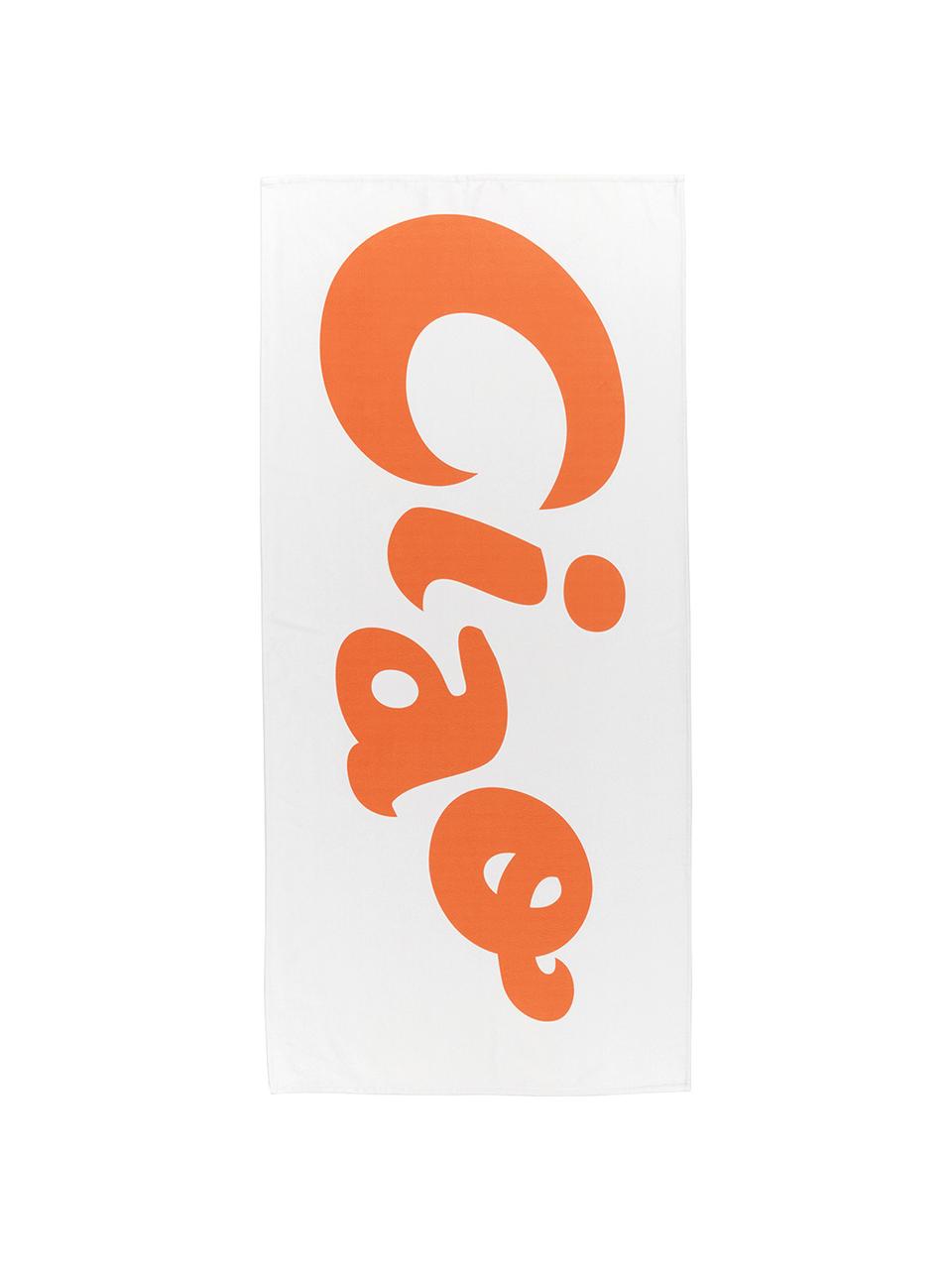 Leichtes Strandtuch Ciao mit Schriftzug, 55% Polyester, 45% Baumwolle Sehr leichte Qualität, 340 g/m², Weiss, Orange, 70 x 150 cm