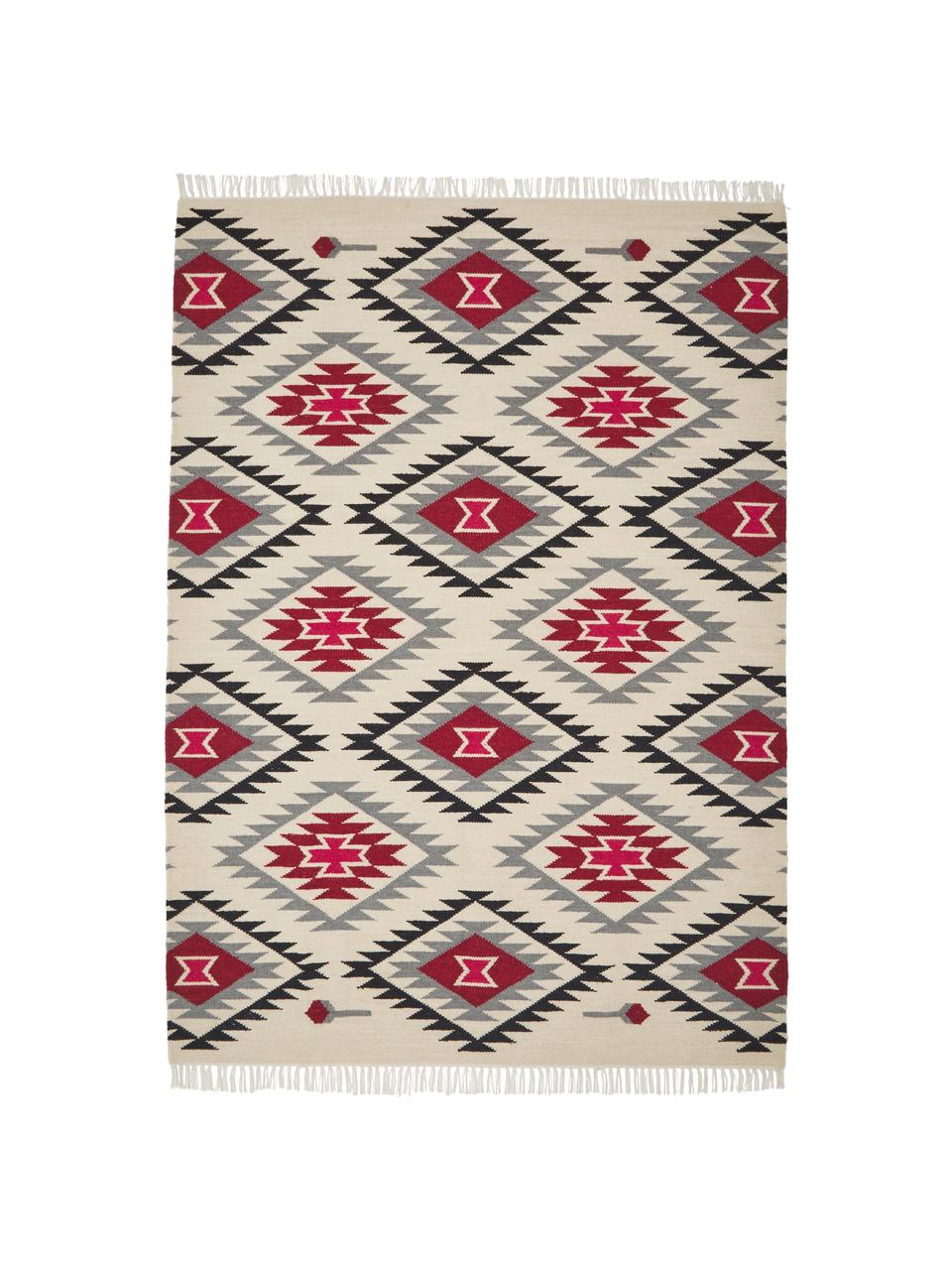 Kilim en laine tissé main Zohra Rose, Beige, gris, noir, rouge